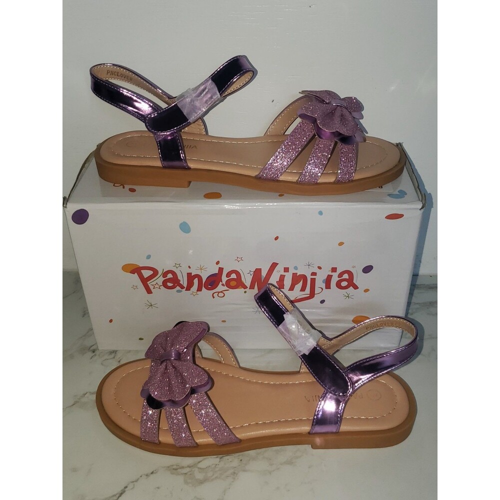 Pandaninjia Girls Dress Sandals Youth 3 Open Toe Purple Sparkle Bow Flat Shoes